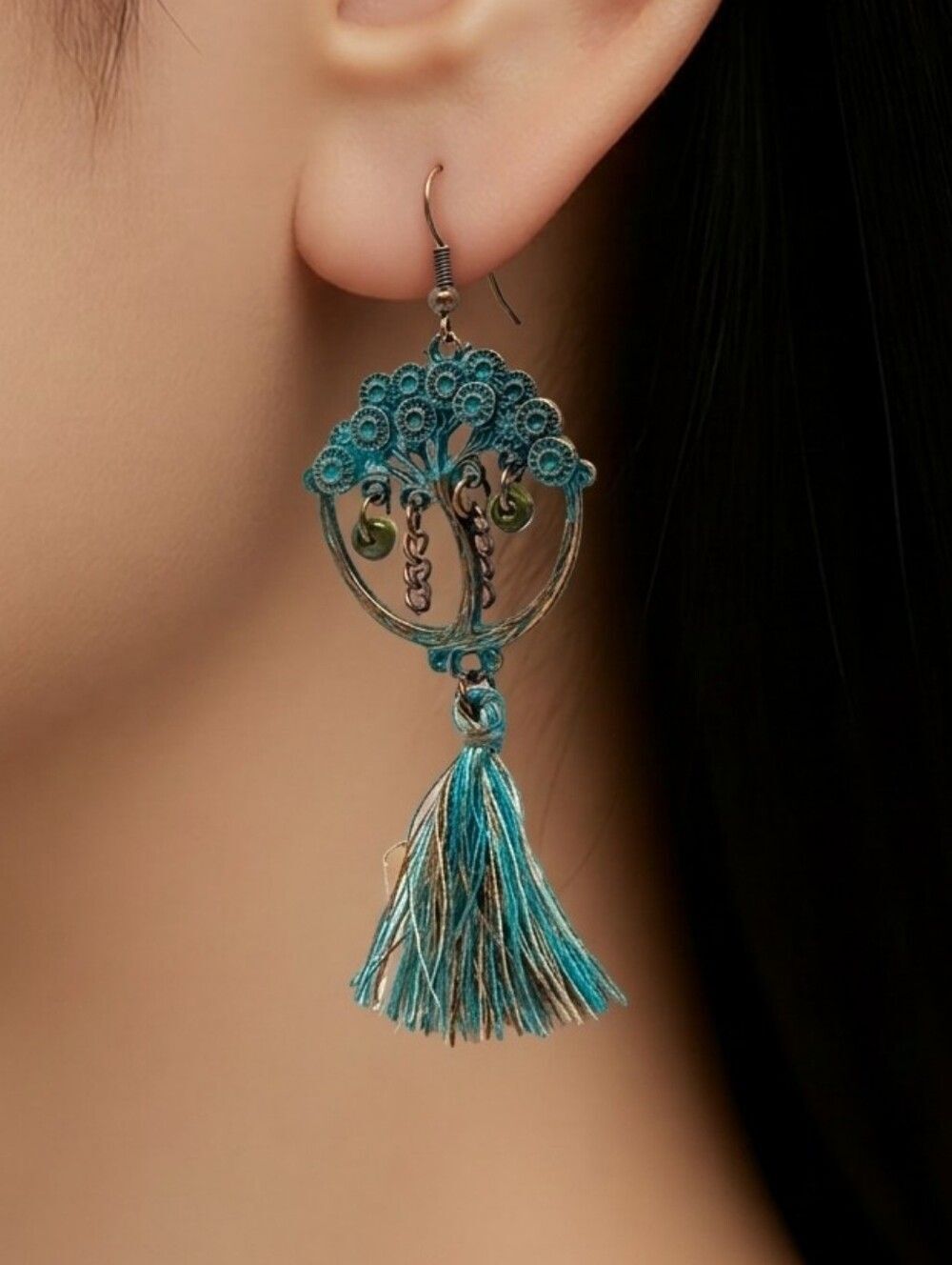 Tree of Life Earrings Copper Turquoise Patina Boho Dangle Tassel Western Jewelry